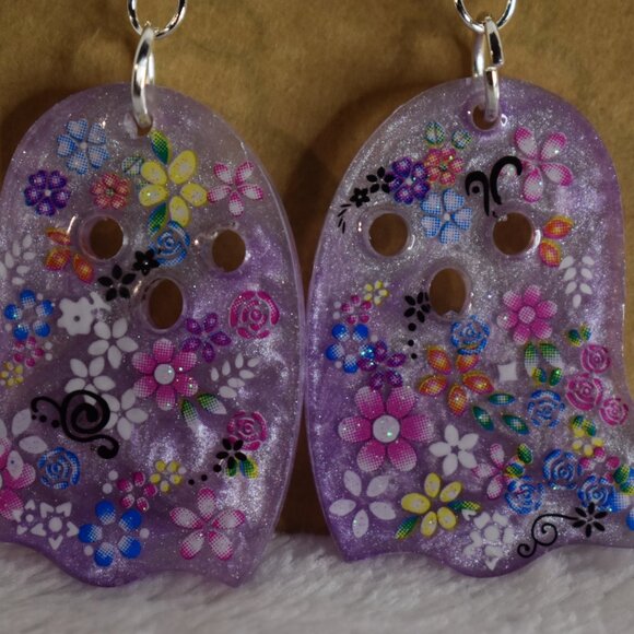 Handmade Purple Ghost Earrings – Floral Resin Dangles – Cute & Spooky Halloween - Picture 2 of 2